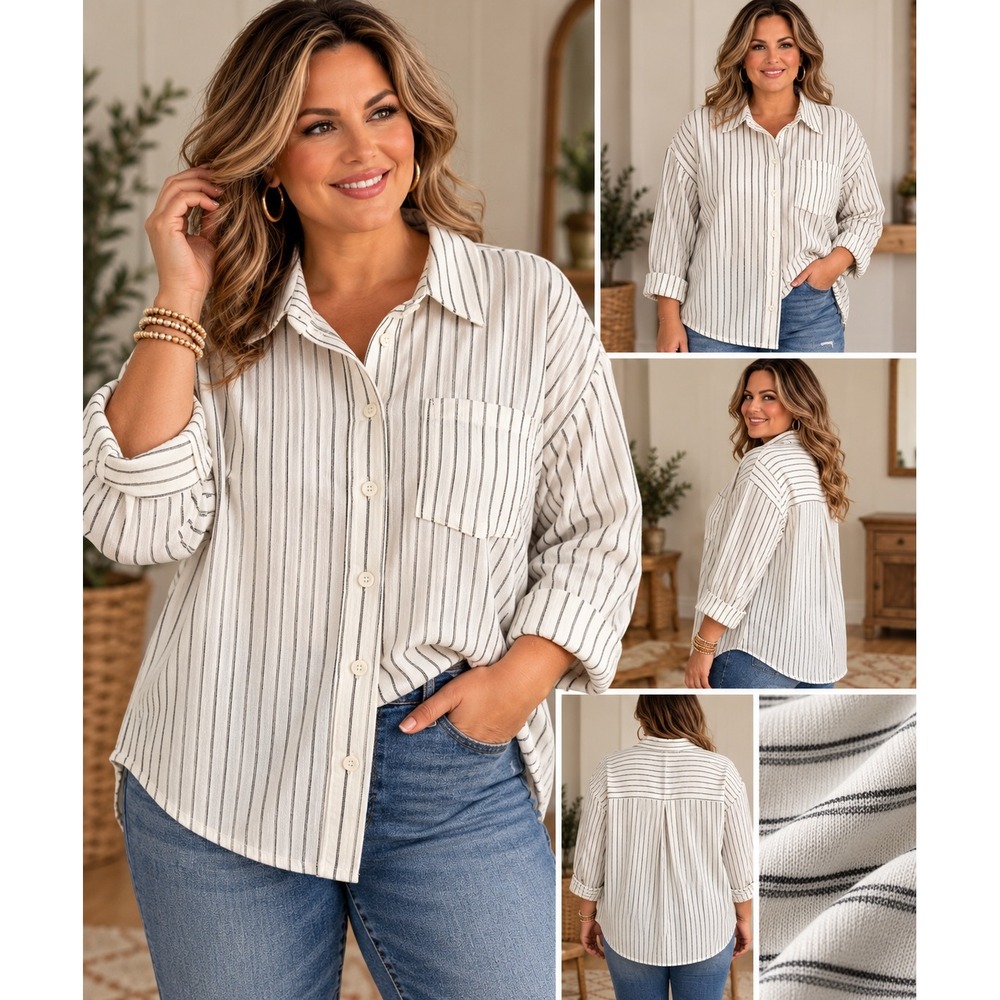 Maurices 1X Striped Oversized Button Down Shirt Coastal Grandmother Quiet Luxury